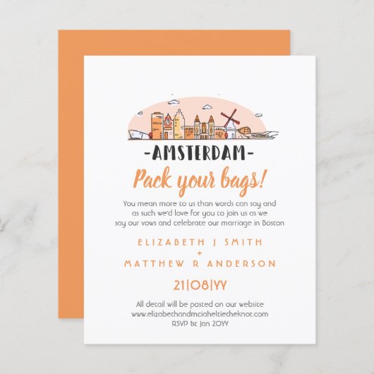 AMSTERDAM Wedding Handgetekende Skyline Modern Inv (Voorkant / Achterkant)