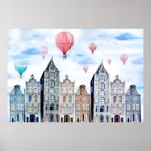 Amsterdam with hot air balloon poster (Voorkant)