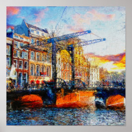 Amsterdam Zonsondergang bij Aluminiumbru Poster