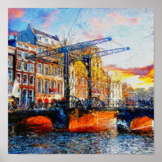 Amsterdam Zonsondergang bij Aluminiumbru Poster (Voorkant)