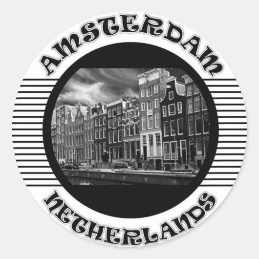 AMSTERDAM ZWART-WIT RONDE STICKER (Voorkant)
