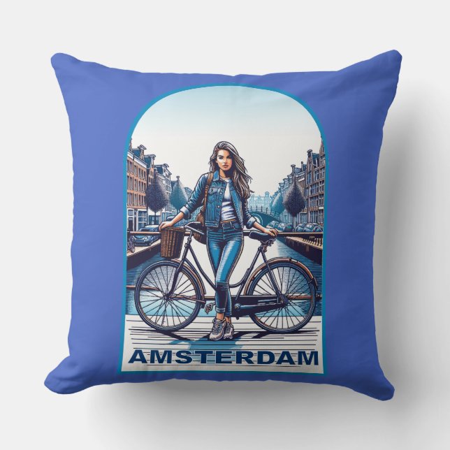 Amsterdams meisje met fiets op brug kussen (Voorkant)