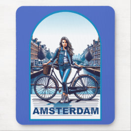 Amsterdams meisje met fiets op brug muismat