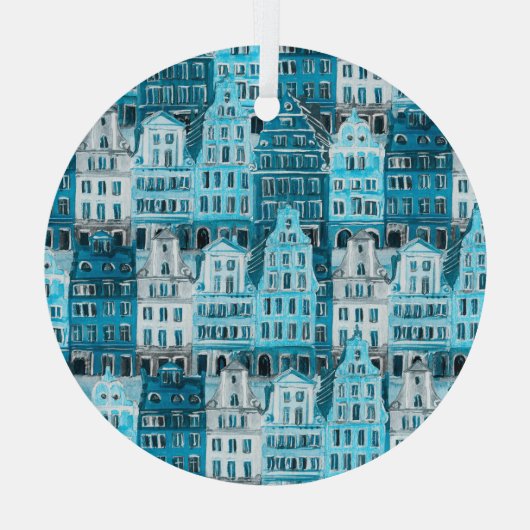 Amsterdamse architectuur, blauwe waterverf textuur glas ornament (Achterkant)