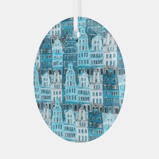 Amsterdamse architectuur, blauwe waterverf textuur glas ornament (Voorkant links)