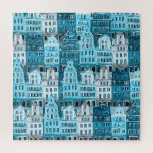 Amsterdamse architectuur, blauwe waterverf textuur legpuzzel