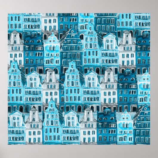 Amsterdamse architectuur, blauwe waterverf textuur poster (Voorkant)