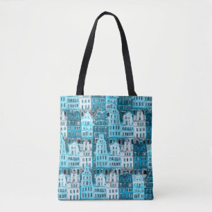 Amsterdamse architectuur, blauwe waterverf textuur tote bag