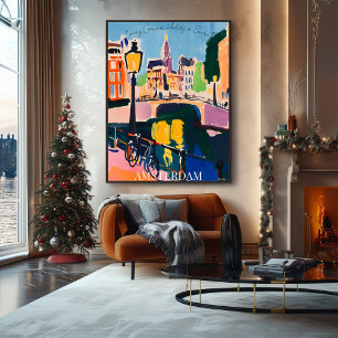 Amsterdamse grachten en fietsen in fauvistische ar poster