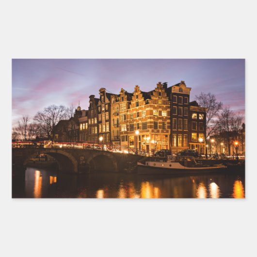 Amsterdamse grachtenpanden bij schemering rechthoe rechthoekige sticker (Voorkant)