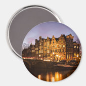 Amsterdamse grachtenpanden bij schemerronde magnee magneet (Voorkant / Achterkant)