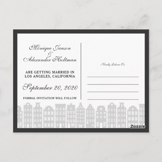 Amsterdamse grachtenpanden Dutch Save the Date Briefkaart (Achterkant)