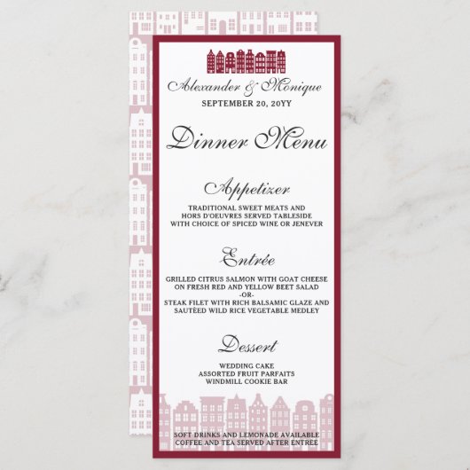 Amsterdamse grachtenpanden Hollands huwelijksdiner Menu (Voorkant / Achterkant)