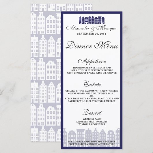 Amsterdamse grachtenpanden Hollands huwelijksdiner Menu (Voorkant / Achterkant)