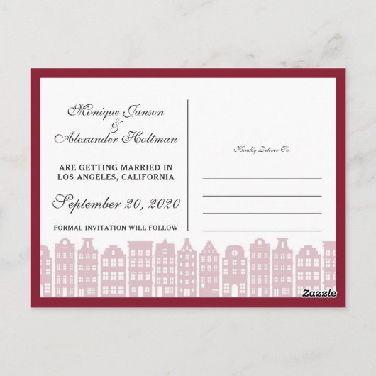 Amsterdamse grachtenpanden Nederlands Save the Dat Briefkaart (Achterkant)