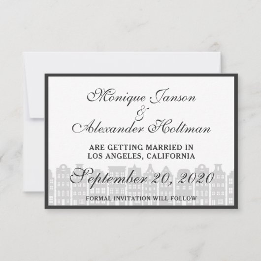 Amsterdamse grachtenpanden Nederlands Save the Dat Kaart (Achterkant)