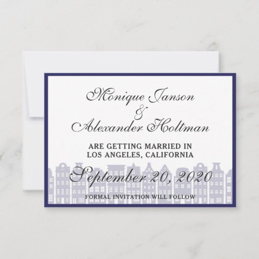 Amsterdamse grachtenpanden Nederlands Save the Dat Kaart (Achterkant)