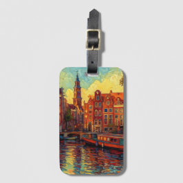 Amsterdamse grachtenpanden van Gogh stijl Bagagelabel