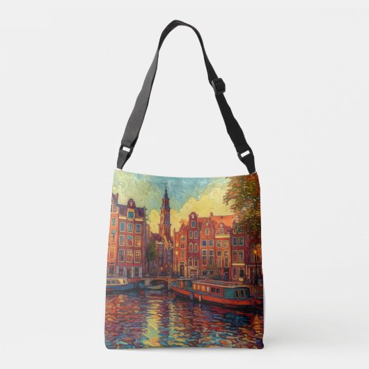 Amsterdamse grachtenpanden van Gogh stijl Crossbody Tas (Achterkant)