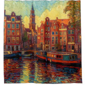 Amsterdamse grachtenpanden van Gogh stijl Douchegordijn (Voorkant)
