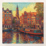 Amsterdamse grachtenpanden van Gogh stijl Glazen Onderzetter<br><div class="desc">een prachtig schilderij in Van Gogh stijl van de grachtenpanden en woonboten in Amsterdam</div>