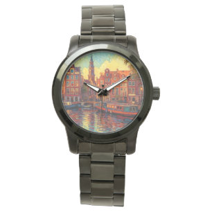 Amsterdamse grachtenpanden van Gogh stijl Horloge