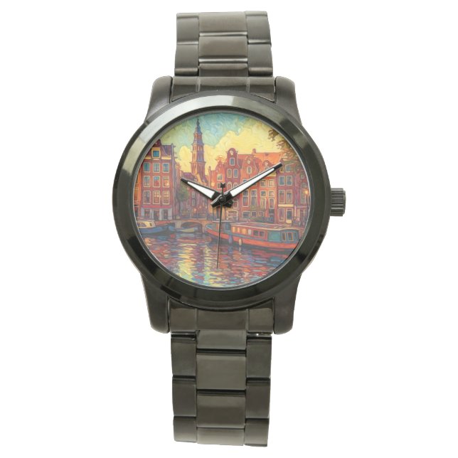 Amsterdamse grachtenpanden van Gogh stijl Horloge (Voorkant)