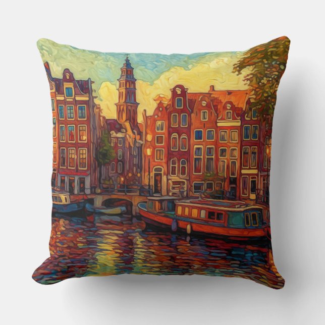 Amsterdamse grachtenpanden van Gogh stijl Kussen (Voorkant)