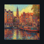 Amsterdamse grachtenpanden van Gogh stijl Magneet<br><div class="desc">een prachtig schilderij in Van Gogh stijl van de grachtenpanden en woonboten in Amsterdam</div>