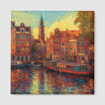 Amsterdamse grachtenpanden van Gogh stijl Magneet<br><div class="desc">een prachtig schilderij in Van Gogh stijl van de grachtenpanden en woonboten in Amsterdam</div>