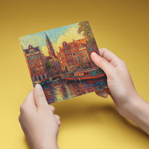 Amsterdamse grachtenpanden van Gogh stijl Notitiekaartje