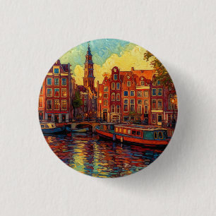 Amsterdamse grachtenpanden van Gogh stijl Ronde Button 3,2 Cm