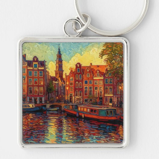 Amsterdamse grachtenpanden van Gogh stijl Sleutelhanger (Voorkant)