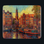 Amsterdamse grachtenpanden van Gogh stijl Snijplank<br><div class="desc">een prachtig schilderij in Van Gogh stijl van de grachtenpanden en woonboten in Amsterdam</div>