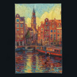 Amsterdamse grachtenpanden van Gogh stijl Theedoek<br><div class="desc">een prachtig schilderij in Van Gogh stijl van de grachtenpanden en woonboten in Amsterdam</div>
