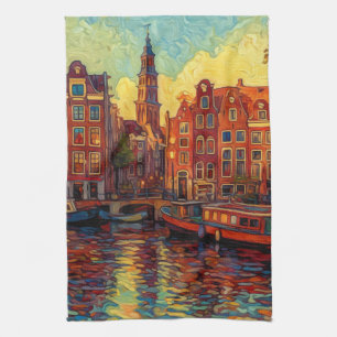 Amsterdamse grachtenpanden van Gogh stijl Theedoek