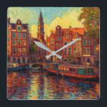 Amsterdamse grachtenpanden van Gogh stijl Vierkante Klok<br><div class="desc">een prachtig schilderij in Van Gogh stijl van de grachtenpanden en woonboten in Amsterdam</div>
