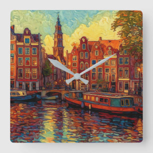 Amsterdamse grachtenpanden van Gogh stijl Vierkante Klok