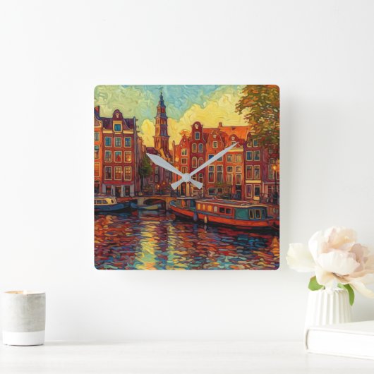 Amsterdamse grachtenpanden van Gogh stijl Vierkante Klok (Huis)