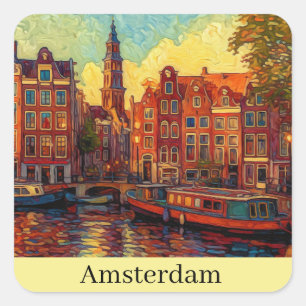 Amsterdamse grachtenpanden van Gogh stijl Vierkante Sticker