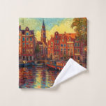 Amsterdamse grachtenpanden van Gogh stijl Washandje<br><div class="desc">een prachtig schilderij in Van Gogh stijl van de grachtenpanden en woonboten in Amsterdam</div>