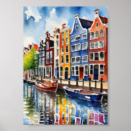 Amsterdamse grachtenpanden Waterverf Art Print