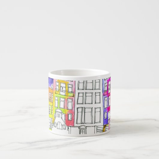 Amsterdamse Huizen: Waterverf Naadloos Patroon Espresso Kop (Voorkant)