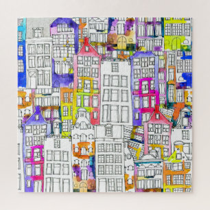 Amsterdamse Huizen: Waterverf Naadloos Patroon Legpuzzel