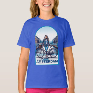 Amsterdamse meid met fiets op brug t-shirt