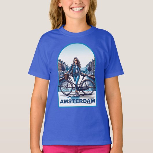 Amsterdamse meid met fiets op brug t-shirt (Voorkant)