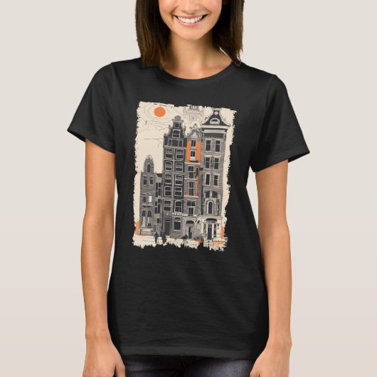 Amsterdamse Vintage Nederlandse Straathuizen Reisk T-shirt (Voorkant)