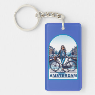 Amsterdamse vrouw met fiets op brug sleutelhanger