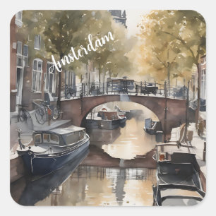 Amsterdamse waterverf schilderij vierkante sticker