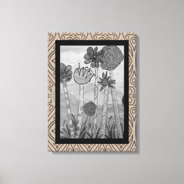 Amusante bloemen en stengels zwart-wit canvas afdruk
